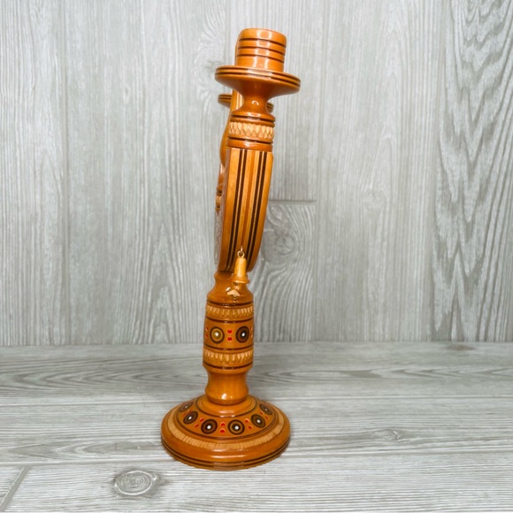 Rare Vintage wooden Boho Hand Painted Candelabra beaded & brass inlay decoration - Picture 2 of 8